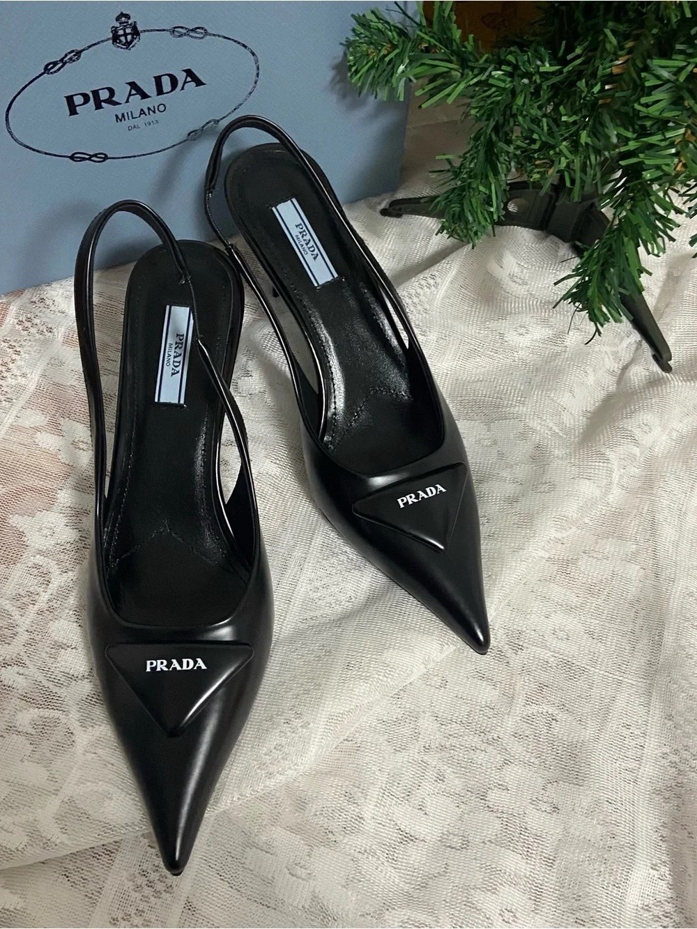 Prada Black Pointed Slingback Pumps with Logo Plaque - Picture 2 of 4